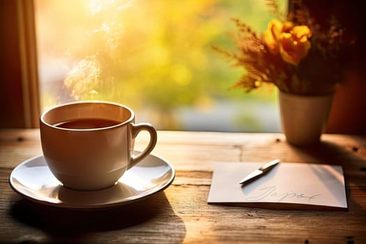 a cup and saucer sitting on a table next to a window with the sun shining through the leaves in the background
