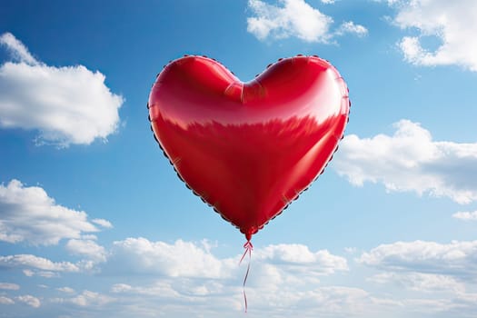 a heart shaped balloon floating in the air against a blue sky with fluffy white clouds and bright yellow sunbeams