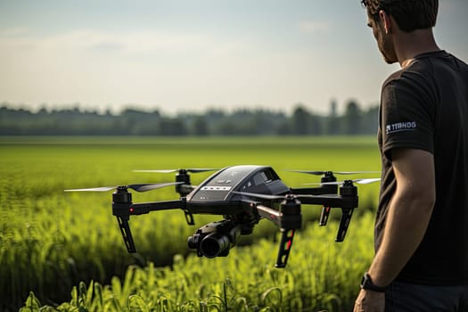 a man standing in the middle of a field with a drone flying over his shoulder and looking at the camera