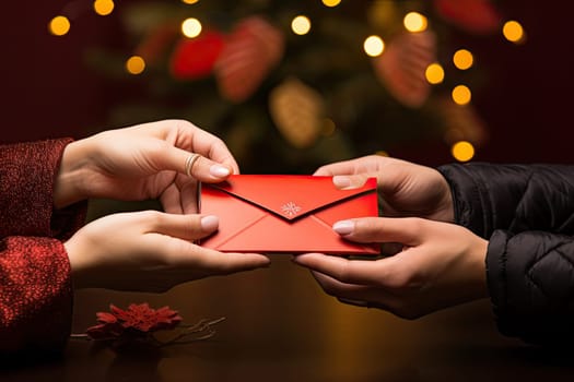 two hands holding an envelope with a christmas tree in the background that is lit by bright red lights and green leaves