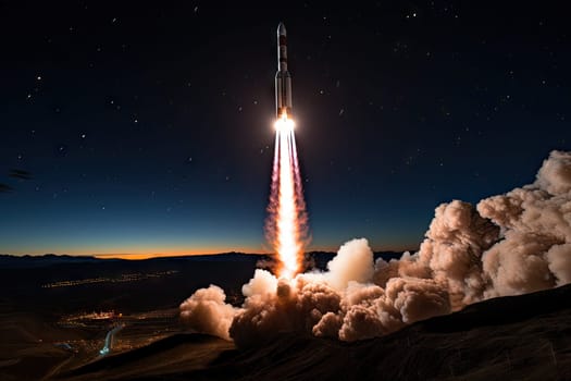 a rocket taking off into the night sky with smoke coming from it's tail and clouds in the background