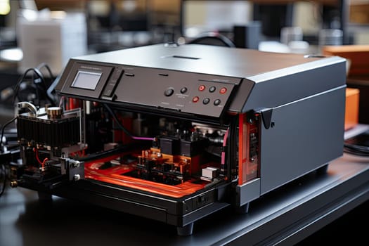 a 3d printer sitting on a table with other machines in the background and an orange light coming from behind it