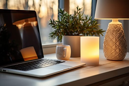a laptop on a desk next to a coffee mug and candle light in front of a window with trees outside