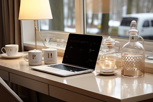 a laptop computer on a desk next to a coffee cup and water bottle with a lamp in front of it