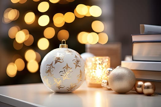 a christmas orname on a table next to some books and a lit tree in the background with gold lights