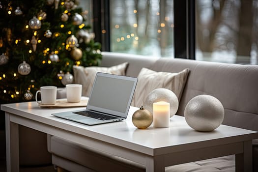 a living room with a christmas tree in the background and a laptop sitting on a coffee table next to it