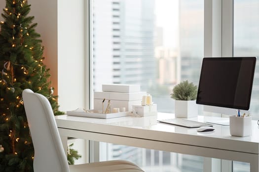 a desk with a computer and christmas tree in front of the window, on which is lit up at night