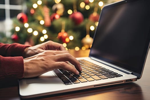 someone's hands typing on a laptop keyboard in front of a christmas tree with red and gold lights behind