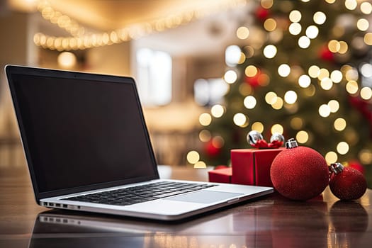 a christmas tree with lights in the background and an open laptop computer sitting next to it on a wooden table