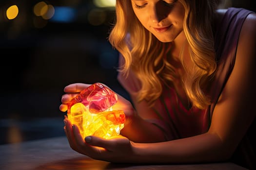 CBG Gummies. a woman holding a crystal ball in front of her face and looking down at it with the light shining behind her