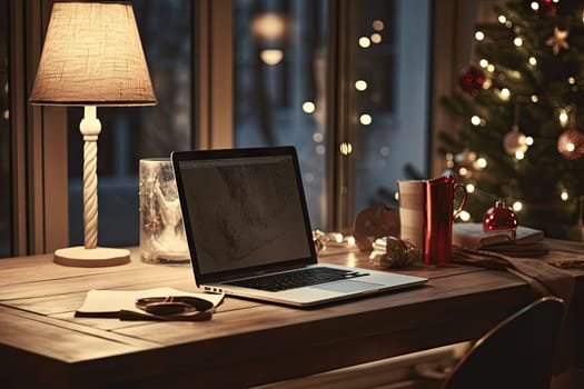 a laptop sitting on a desk next to a christmas tree with lights in the background and a cup of coffee