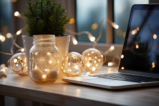 a laptop on a table with christmas lights around it and a glass jar full of water next to the laptop