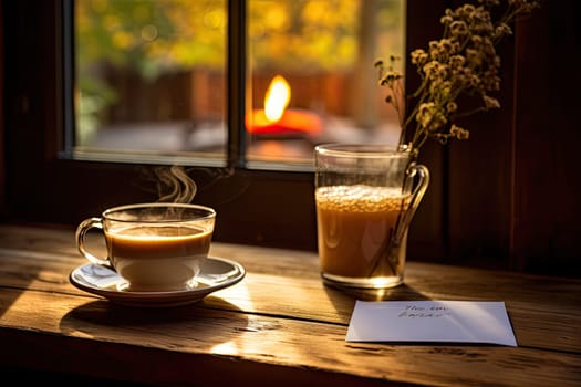 a cup and saucer on a table next to a window with the sun shining in the windows behind it