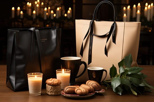 two bags, one with a candle and the other with candles in the background on a table next to them