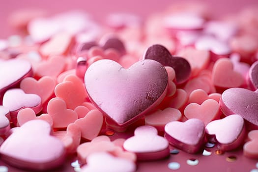 pink and white hearts on a purple background with lots of them scattereded in the shape of heart's