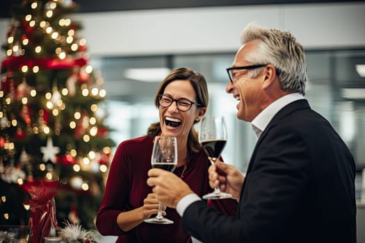a man and woman drinking wine at a table with a christmas tree in the background that is decorated with lights