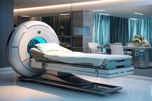 a hospital room with a bed in the middle and an mri on the other side of the room is empty