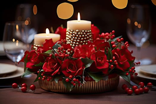 a christmas centerpiece with red flowers and candles in the background, on a table set for an elegant holiday dinner