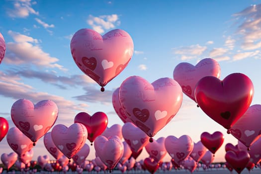 many pink hearts floating in the air with blue sky and white clouds behind them, as if they're heart - shaped balloons