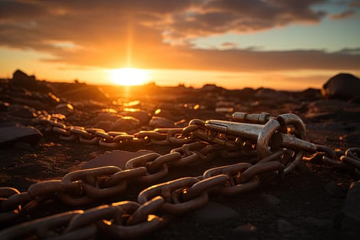 the sun setting in the sky with chain links on the ground and rocks all around it, as if there's not enough