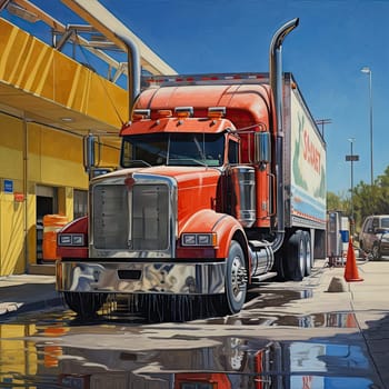 a red semi truck parked in front of a gas station with reflections on the ground and buildings behind it,