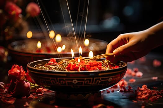 someone lighting a candle in a bowl with spaghetti noodles and red rose petals on the table next to some candles