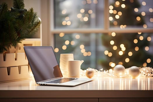 a laptop computer on a desk with christmas lights in the window behind it and a cup of coffee to the side