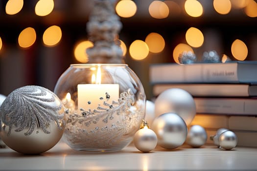 christmas decorations on a table with candles and books in the background, as if it's time to decorate
