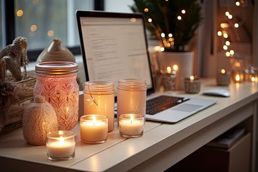 some candles on a table with a laptop and candle holders in front of the computer screen, which is lit by christmas lights