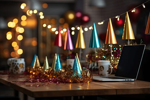 some party hats on a table with a laptop and coffee mug in the foreground is lit by christmas lights