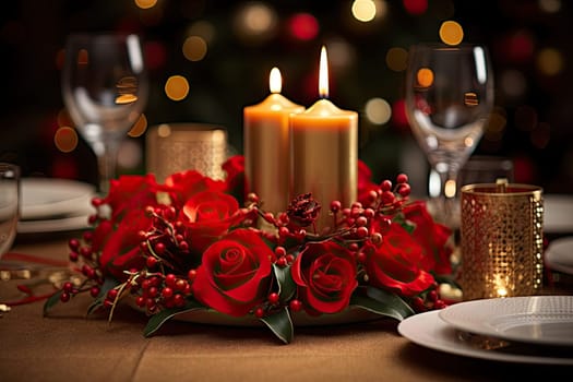 a christmas table setting with candles and red roses on the centerpiece, surrounded by white plates and silverware