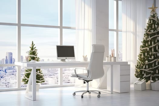a white office with a christmas tree in the corner and a laptop on the desk, next to it is a large window