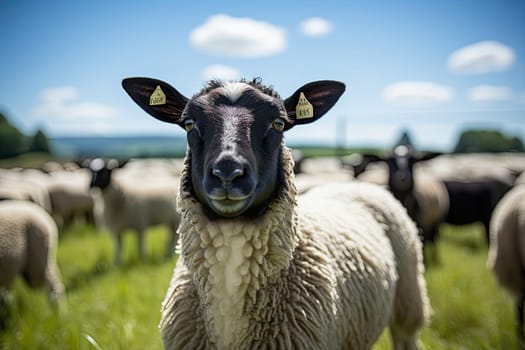 a sheep standing in the middle of a field with many other sheep behind him and she is looking at the camera