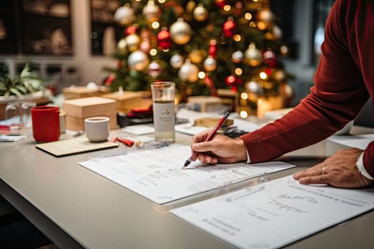 someone writing something on a piece of paper next to a christmas tree in the photo is blured by the background