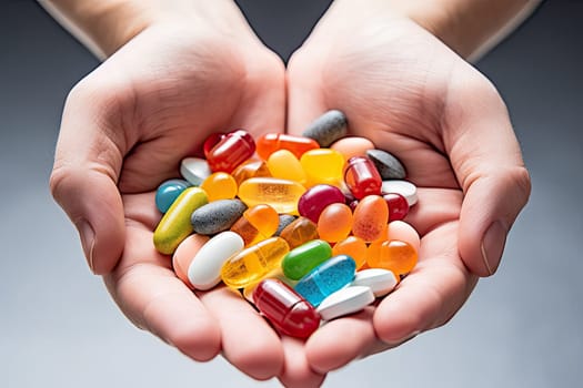 CBG Gummies. two hands holding many different types of pills and capsules in the middle one is filled with multi - colored tablets