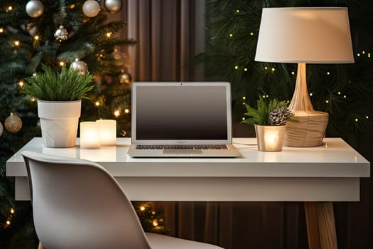 a laptop computer sitting on a desk in front of a christmas tree with lit candles and ornaments around the table