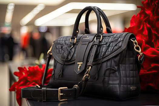 a black purse bag on a table with red flowers in the background and a woman's handbag next to it