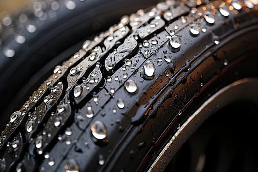 raindrops on the rim of a car tire that has been washed and is being cleaned by water droplets