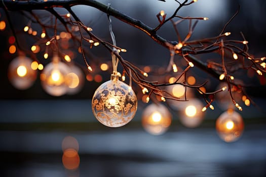 christmas lights hanging from a tree branch in front of a body of water with blurred boknots around it