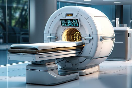 a hospital room with an mri machine in the middle and one on the other side of the image is blurred