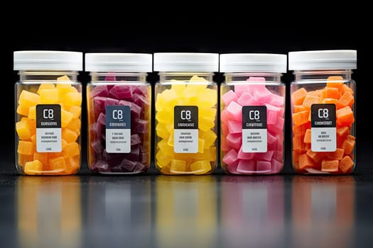 CBG Gummies. three jars with different colored candis in them, one is orange, the other is pink and yellow as well
