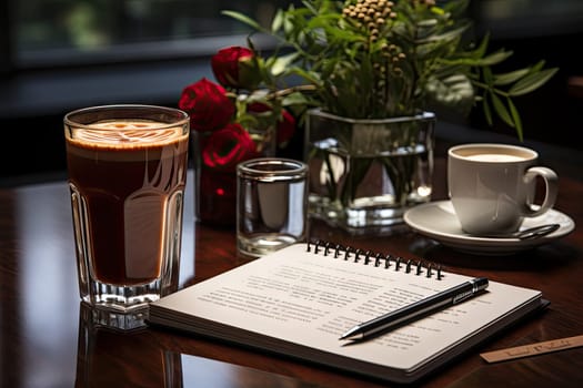 a cup of coffee and a notepad on a wooden table with a vase of red roses in the background