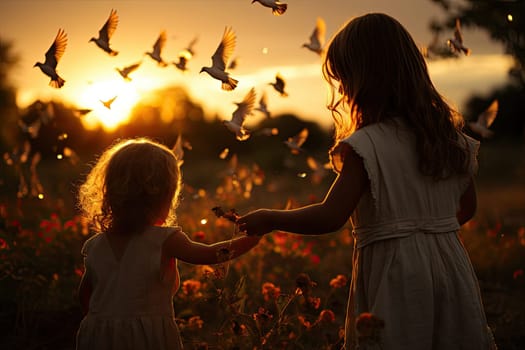 two little girls holding hands with birds flying in the air above them at sunset time, taken from behind her