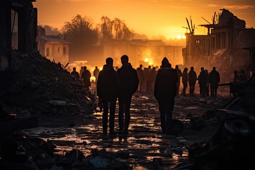 some people walking in the street at sunset, with buildings in the background and water puddles on the ground