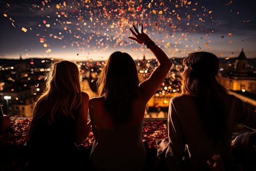 two women sitting on a roof with their hands up in the air as they watch fireworks fall from above them