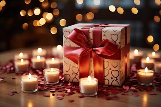 some candles and a gift box with a red bow on the table next to it is lit by lights in the background