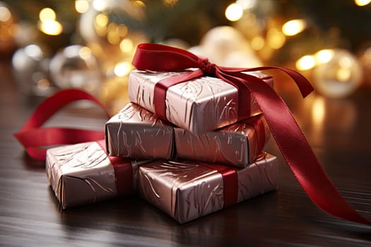 three wrapped presents on a table next to a christmas tree with gold and red decorations in the background is blurred