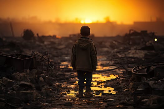 a person standing in the middle of a pile of junks, looking out to the sun setting behind them