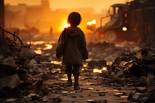 a child standing in the middle of a pile of junks and debris, looking at the sun setting behind him