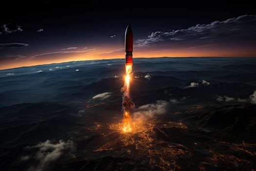 a rocket taking off into the night sky, with clouds and stars in the fore - image is taken from above